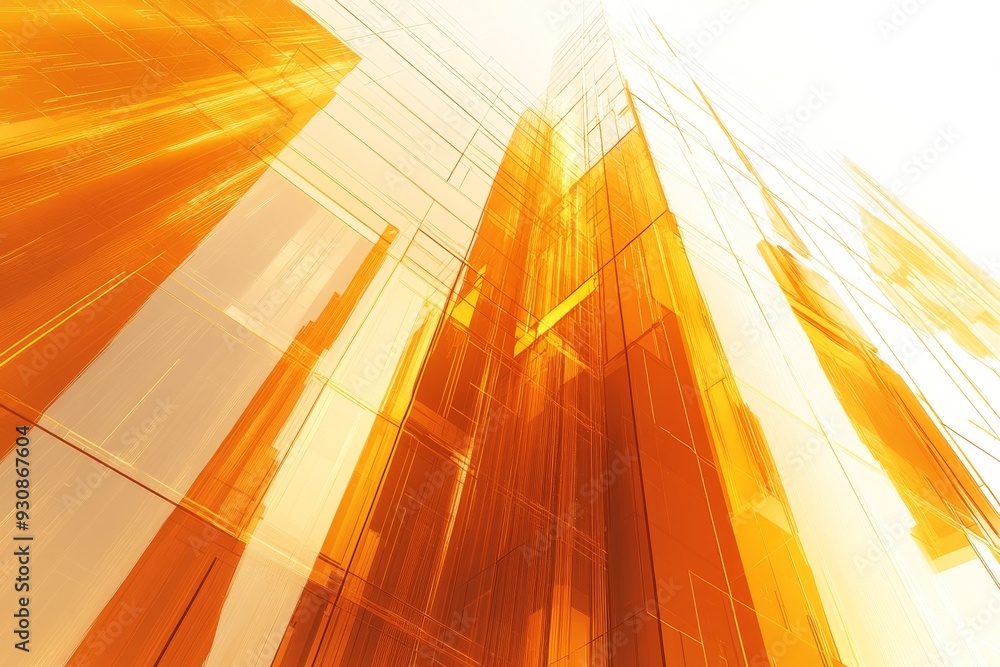Poster sunlight streaming through futuristic orange crystal structures in a dynamic composition