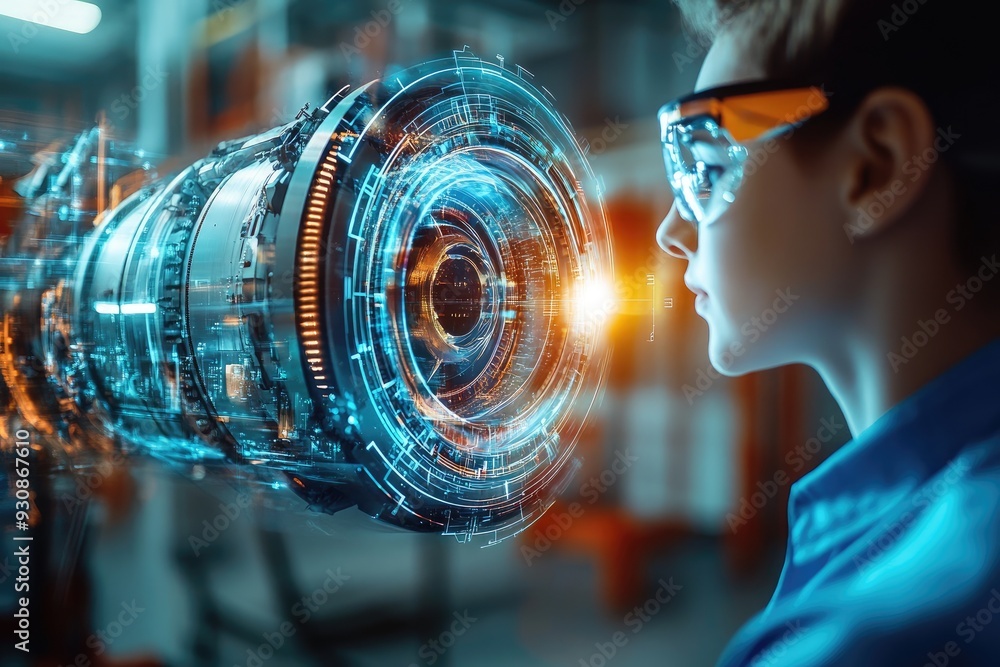 Poster a futuristic image of an engineer looking at a digital hologram. this image is great for use in pres