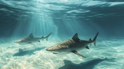 Fototapeta premium Tiger Sharks Swimming in the Ocean