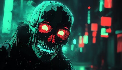 A haunting digital artwork of a glowing skull in a futuristic cityscape, evoking themes of cyberpunk and dystopia.
