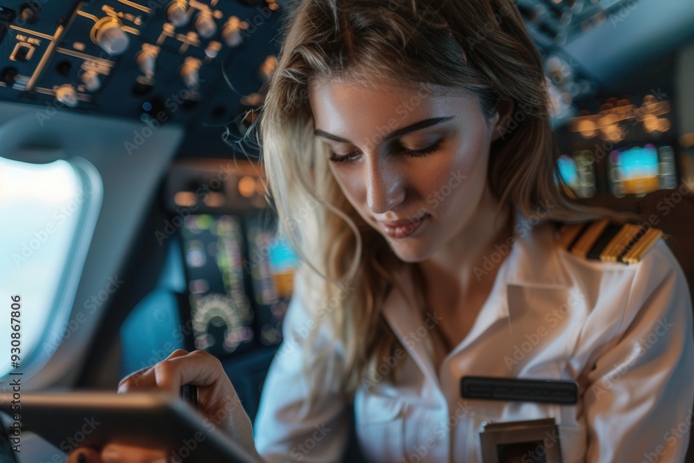 Poster the flight attendant checks her tablet and engages with her duties, ensuring a smooth experience for