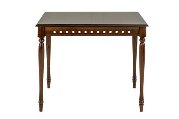 Wooden Dining Table This is a classic wooden dining table featuring a dark brown finish. The table has a rectangular top with a smooth surface, supported by four elegantly turned legs. The apron of t
