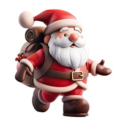 Cartoon Santa Claus with a backpack is running. Santa Claus is smiling and is in a good mood. Concept of Christmas, fun, tradition, holidays, winter, festivity. White background. 3d style.
