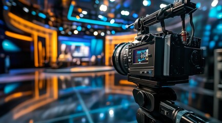 Fototapeta premium A vibrant television studio features advanced video technology and bright, professional lighting, enhancing production quality for a variety of shows and broadcasts for diverse audiences