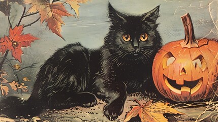 Fototapeta premium Vintage illustration of a fluffy black cat sitting next to a carved Halloween jack-o-lantern pumpkin surrounded by autumn leaves.