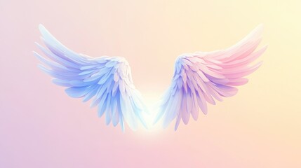 Fototapeta premium Adorable cartoon angel wings with soft, rounded feathers and a gentle light aura, floating in a pastel gradient background.