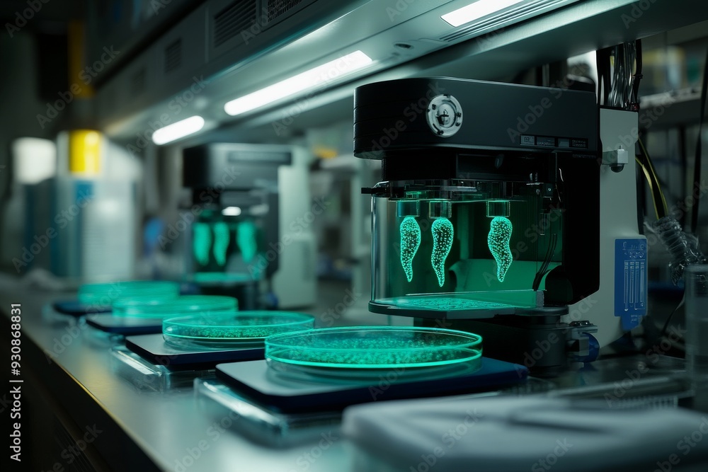 Poster modern laboratory with robotic arms conducting automated experiments on bacterial cultures