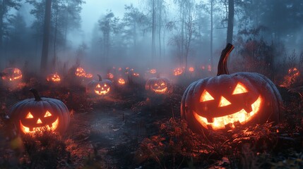 Fototapeta premium A spooky Halloween night scene featuring glowing jack-o'-lanterns in a misty forest setting.