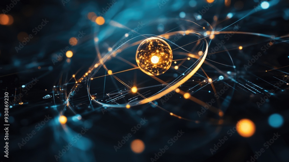 Fototapete Dynamic 3D animation of rotating element symbols with atomic numbers and electron orbits.