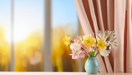 pastel colored curtain and vase with spring flowers on sunny background generative ai