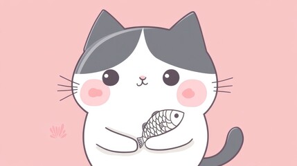Kawaii Japanese cartoon cat with chubby cheeks, big eyes, and a cute smile, holding a tiny fish against a soft pink background.