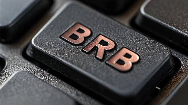 High angle macro shot pushing in on a "BRB", be right back, icon key on a black computer keyboard.