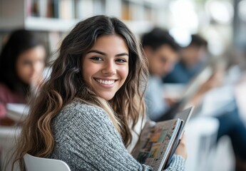 smiling woman in a book club with several people around