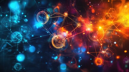 Modern chemistry-themed background with floating element symbols and atomic orbits in bright, digital colors.