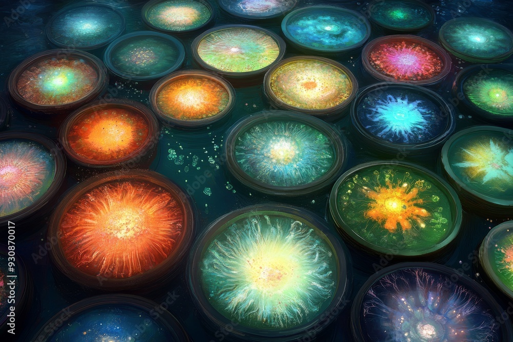 Poster intricate collection of glowing orbs with detailed patterns reminiscent of celestial bodies