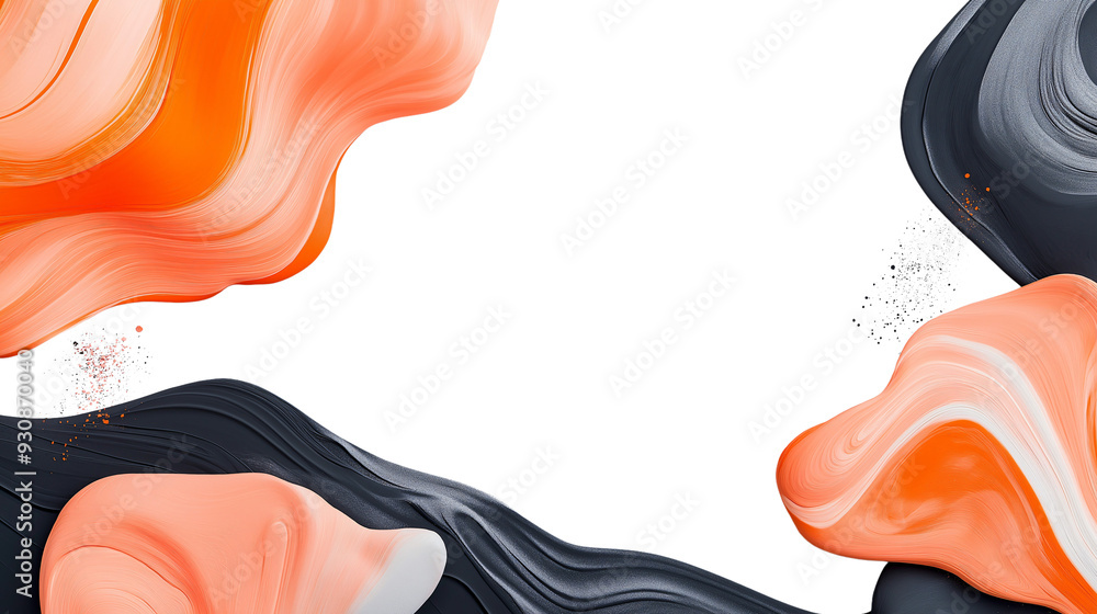 Poster bright orange and gray shapes swirl together, creating a dynamic abstract design against a clean whi