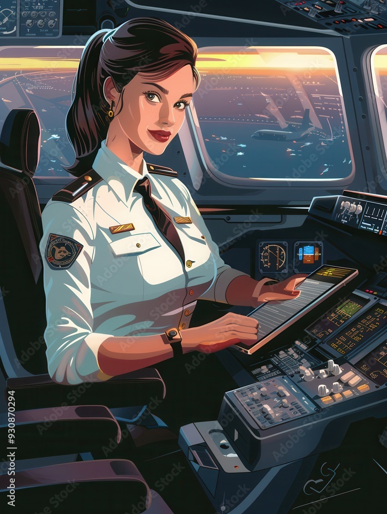 Poster a flight attendant is attentively engaged in her duties in the aircraft cockpit, preparing for an ev