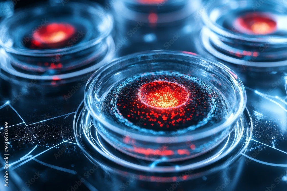 Poster close up of a futuristic robotic mechanism engaging with glowing red samples in a high tech environm