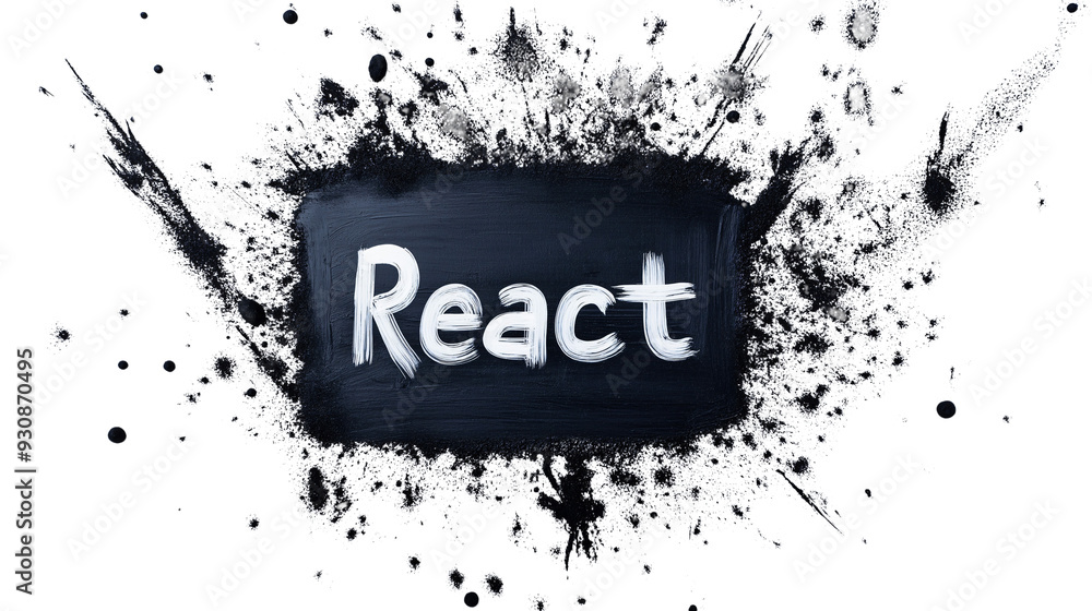 Poster Bold and dynamic display of the word React surrounded by expressive paint splatters conveying creativity and excitement in a white space