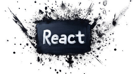 Bold and dynamic display of the word React surrounded by expressive paint splatters conveying creativity and excitement in a white space