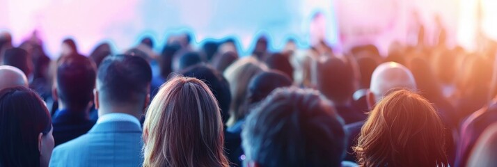 Business Professionals Engaged in Panel Discussion at Conference with Blurred Speakers in Background