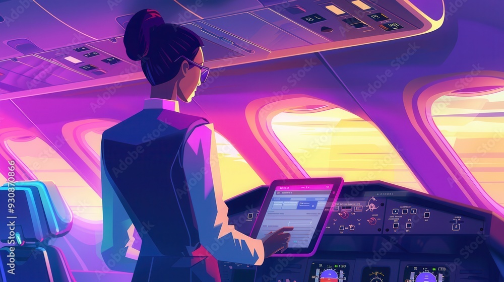 Poster A flight attendant uses a tablet to check aircraft systems while stationed in the cockpit during a beautiful sunset. Generative AI