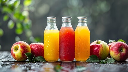 Three glass bottles of apple juice with red apples on a wooden table.