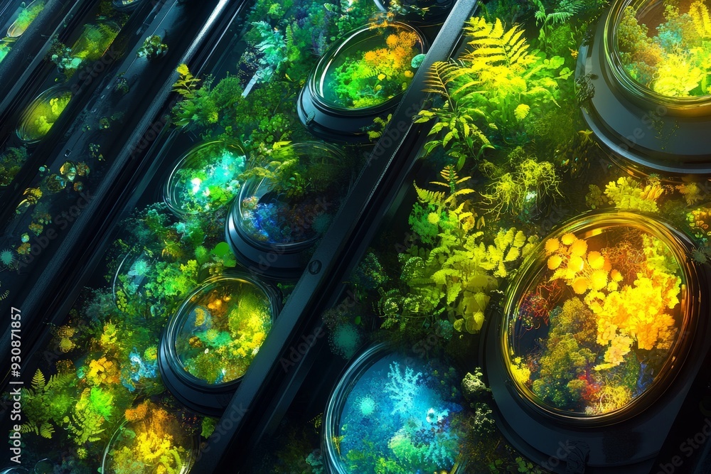 Poster glowing botanical samples in a controlled environment displaying vibrant ecosystems