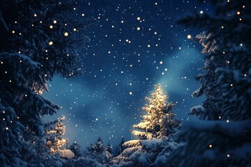 Naklejka premium Digital composite of Christmas tree with snow and stars in the night sky. Christmas background with christmas tree, snow and stars. with generative ai