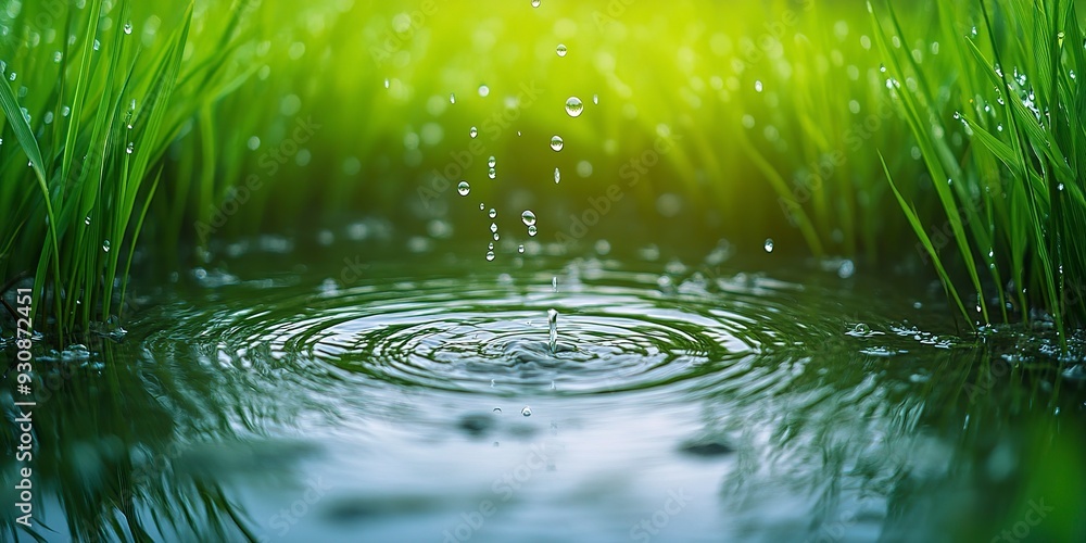 Poster Close-up of rain droplets falling on vibrant green rice paddies, the water creating ripples in the small pools between the plants, capturing the essence of a nourishing rainfall in a rural setting 