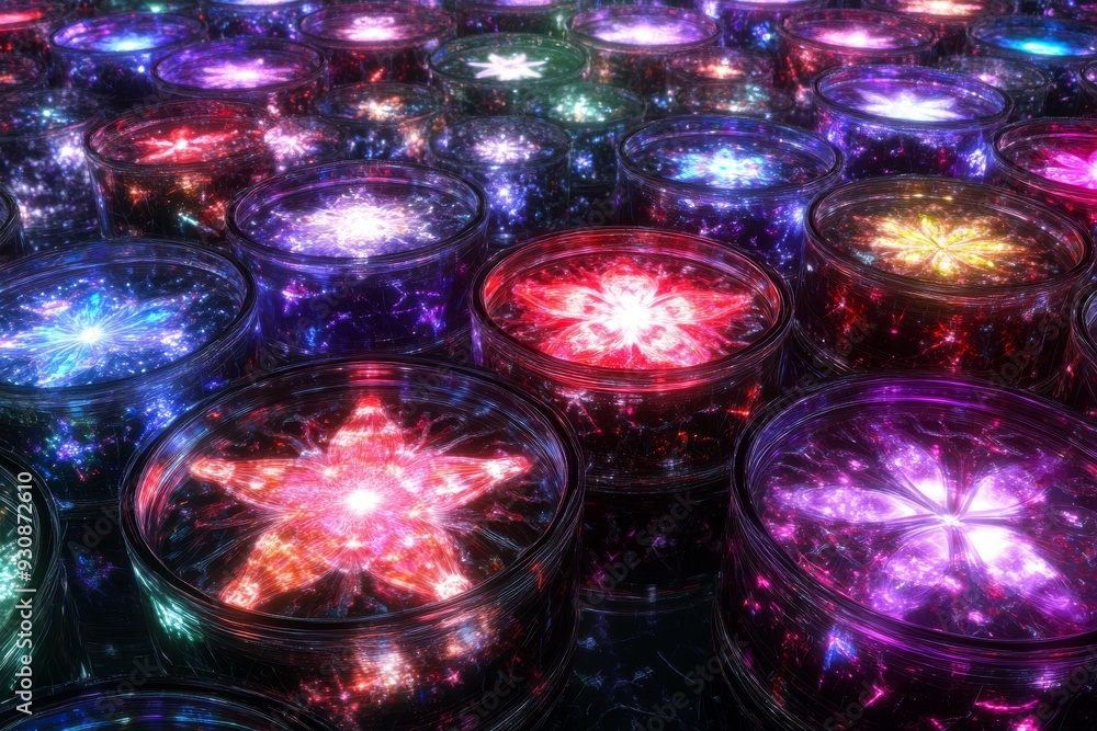 Poster multi colored glowing orbs in a dark lab environment representing various scientific phenomena
