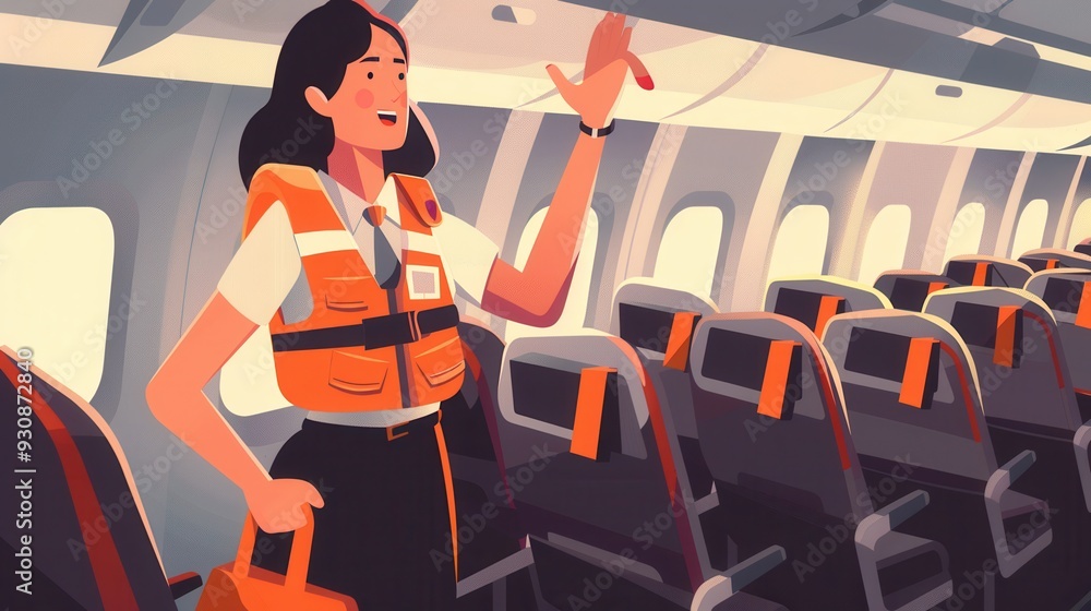 Poster the flight attendant explains safety procedures while wearing an orange vest, preparing passengers f