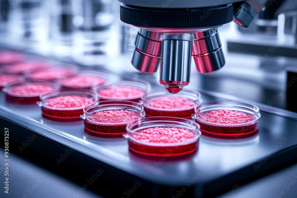 Sticker close up of a high powered microscope analyzing vibrant red samples in a lab