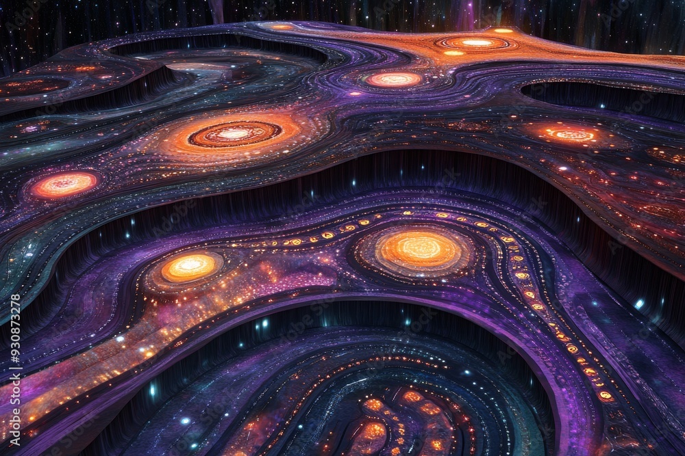 Poster abstract scientific background with swirling patterns and glowing orbs