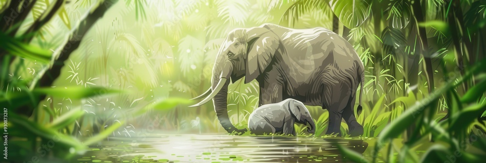 Poster elephants enjoy a peaceful moment in a serene jungle setting, playing in a shallow pool of water as 