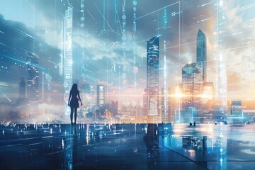 Fototapeta premium An inspiring scene depicting a futuristic urban landscape bathed in light, with advanced AI-driven solutions enhancing human potential and fostering a collective surge in productivity across the globe