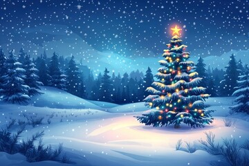 Fantastic winter landscape with christmas tree. Christmas background with christmas tree, snow and star. Beautiful christmas night with generative ai