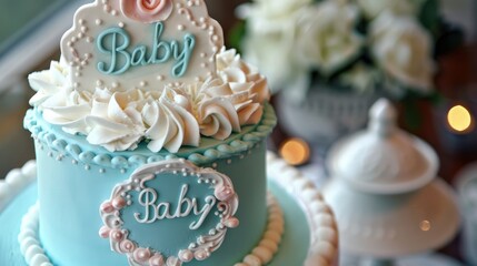 Cake adorned with Baby label