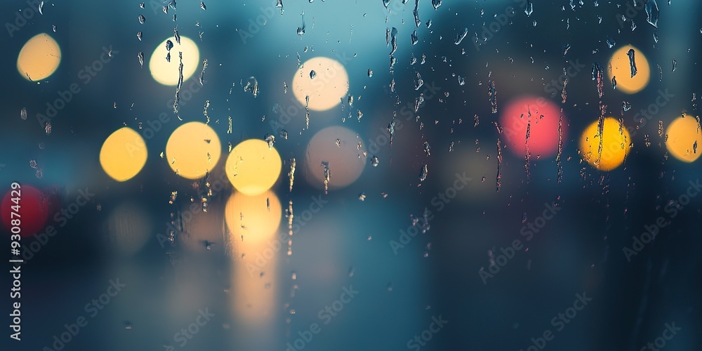 Poster rainy window blur: a cool, grey blurred background with the effect of raindrops on a window, creatin