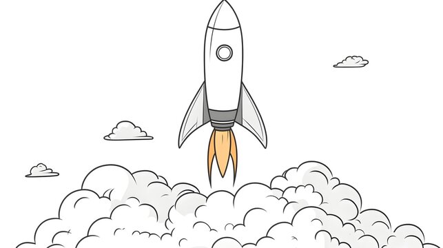 Rocket Soaring Through Parting Clouds in Simple Line Art Style