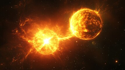 Obraz premium An attractive binary star system with two suns orbiting each other, with dynamic light interplay and glowing stellar surfaces. Faint cosmic dust and dark space background highlight the energy colors.