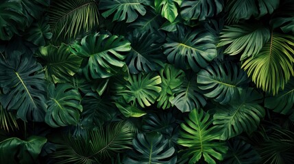 Group background of dark green tropical leaves ( monstera, palm, coconut leaf, fern, palm leaf,bananaleaf) Panorama background. concept of nature , ai