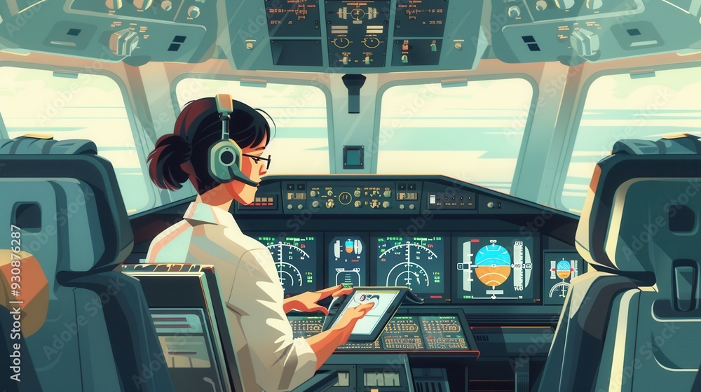 Poster A flight attendant operates cockpit equipment while monitoring flight instruments, preparing for a smooth journey above beautiful scenery and clear skies. Generative AI
