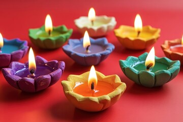 Happy Diwali - Clay Diya lamps lit during Diwali, Hindu festival of lights celebration. Colorful traditional oil lamp diya on red background with generative ai