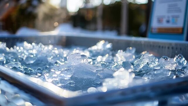 Ice bath filled with chunks of ice glistening in the sun, promoting the benefits of cold therapy for muscle recovery and overall well being
