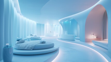 Minimalist Futuristic Spa with Serene Blue Ambiance and Sleek Design