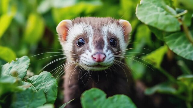 cute weasel explore in nature landscape green lush forest