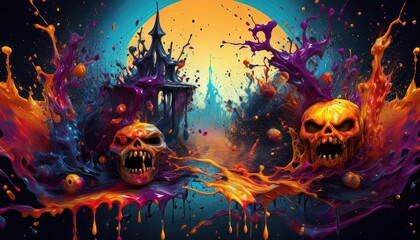 Vibrant Halloween Artwork Featuring Skulls and Spooky Castle