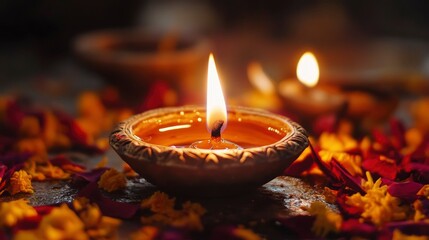 Oil lamps lit on colorful rangoli during diwali celebration, copy-space with generative ai