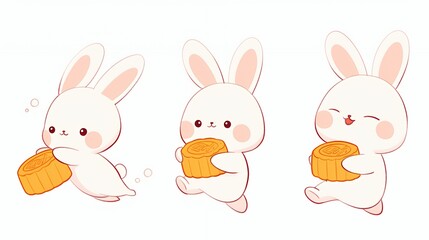 Three cute cartoon bunnies holding mooncakes.